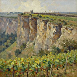highly detailed painting of a cliff side, at the bottom is a vineyard, in the distance you can see an ancient army with flags on the move, thick brush strokes, visible paint layers.