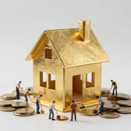 a house, made of gold, under construction, tiny men working, with piles of coins around it