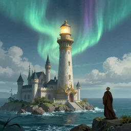 a detailed illustration of an ethereal fantasy landscape featuring an ornate lighthouse tower in the middle of a castle by the ocean, a monk looking up at the towering structure from a distant rock, aurora borealis, by alyn spiller, 4K, trending in artstation, wide angle