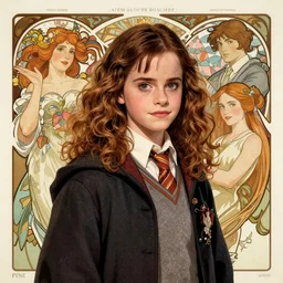 Poster artwork, Emma Watson as Hermione Granger, medium shot, details, sharp focus, illustration, by Jordan Grimmer and Alphonse Mucha and greg rutkowski and PiNe(パイネ) and 薯子Imoko and 香川悠作 and maya takamura, intricate, beautiful, Trending artstation, pixiv, digital Art