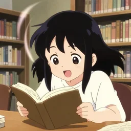 anime visual, portrait of a happy young girl in a library interior reading desk, cute face by ilya kuvshinov, yoh yoshinari, dynamic pose, dynamic perspective, cel shaded, flat shading mucha, rounded eyes, dramatic, kyoani, natsume yuujinchou, smooth facial features