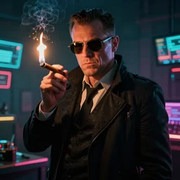 A mafia boss lighting a cigar in a cyberpunk setting, by Evgeny Lushpin, dramatic lighting, high contrast colours, as trending on Artstation, highly detailed,