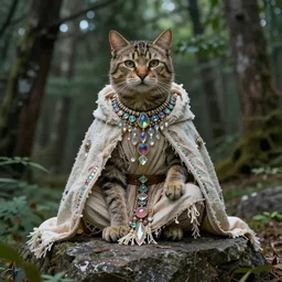 cat sitting on a rock in a forest, loincloth, robes, shawls, copious crystal jewelry, tribal, iridescent, artstation, hearthstone, by artgerm, by greg rutkowski, by alphonse mucha, by bouguereau, by ruan jia, by and conrad roset