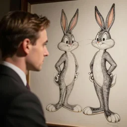 alan turing meeting bugs bunny, character sheet, character design, contrast, deep focus, turnaround, highly detailed, dramatic lighting, artstation, concept art, matte, sharp focus, illustration, elegant, art by artgerm and greg f and alphonse mucha.