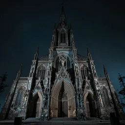 low angle wide shot photo taken of an epic intricate, ultra detailed, super realistic miniature church at night filmset created by weta workshop directed by tim burton, menacing, wide angle shots, moody night time scene, photorealistic, sharp focus, gloomy, extremely cold blueish colour temperature, 3 5 mm, f 1. 4