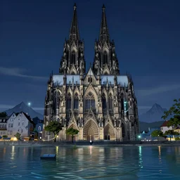 portrait of the cathedral of cologne in a magical lake, half submerged in water, highly detailed, digital painting, artstation, night scene with moutains with glowing sprites, wlop concept art, smooth, sharp focus, illustration, art by dreadjim, craig mullins and greg rutkowski, 8 k