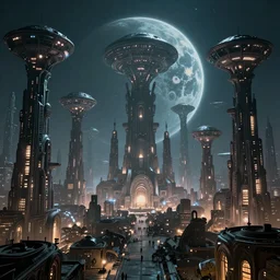 a weird alien city with giant glowing alien builds, alien space ships and giant planet in the background. Highly detailed. 8k. Fantasy horror.