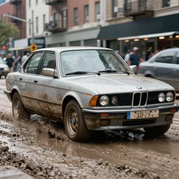street photography by saul leiter, in a muddy new york high quality street, award winning photo of an ultra detailed dirty high quality vintage bmw car speeding very fast on mud, fast shutter speed, motion blur, tiny gaussian blur, highly detailed, highly intricate, depth of field, trending on top gear