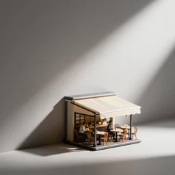 minimalist, tilt shift photography, extreme dof, a miniature european cafe, simple composition