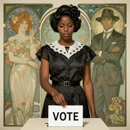 medium portrait of black woman in 1 9 6 0 s attire casting a vote for the first time by artgerm, cushart krenz, greg rutkowski, mucha and norman rockwell. art nouveau. gloomy colors, sharp edges. ultra clear detailed. 8 k. elegant, intricate, octane render