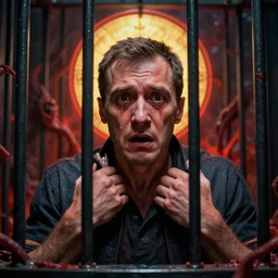 shocked dmitriy medvedev with tears in cage, cage, hell, hyper - realistic, sharp focus, depth of field, hyper - detailed visionary art, symmetric, hell, holy halo, dramatic ambient lighting, high detail, vibrant colors, the thing 1 9 8 2, judgment day, apocalypse,
