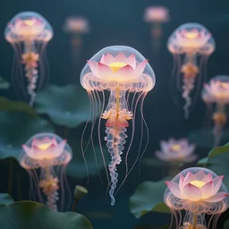 lots of lotus swimming underwater like a jellyfish, transperent jellyfish head covers with the lotus flower, tentacles with lotus flower, photographic, cinematic, photorealistic, volumetric lighting, detailed, smooth, artstation, octane render, wolp