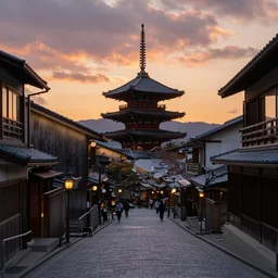sunset in kyoto, street view, highly detail, in style street photo, intricate, atmospheric, 8 k resolution, rendered in 3 ds max