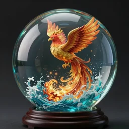 glass ball with a phoenix rising from the ashes splitting an ocean inside, studio ghibili, path traced, octane render, highly detailed, high quality, digital portrait by artgerm, hd, alphonse mucha, tom bagshaw