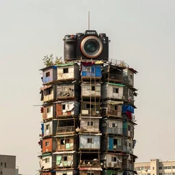 a tower made up of makeshift squatter shacks, dystopia, sony a 7 r 3, f 1 1, fully frontal view, photographed by david lachapelle, ultra detailed,