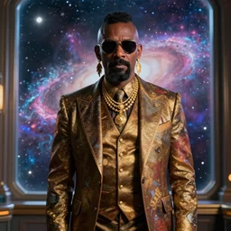 mr. t as president of the galaxy with mohawk and wearing gold jewelry and a fancy retro scifi three - piece suit and feather earrings and sunglasses, nebula background outside window, cinematic lighting, medium shot, color splash, imax