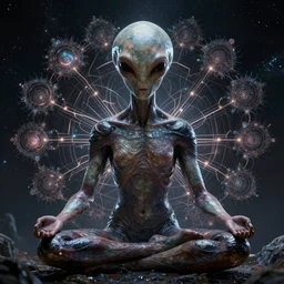 A close-up view of an ancient alien meditating and conjuring fractal circuits. cosmic environment. Reflective textures. Beautiful dark moody lighting, highly detailed visionary art, trending on artstation. Made with photoshop, blender and cinema 4D.