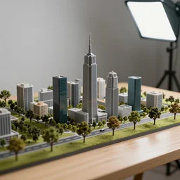 a detailed photo of a diorama city, macro photography, zoom, model trees, table, studio lighting