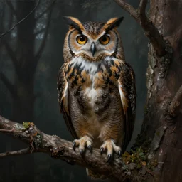 an extremely detailed masterpiece surreal painting of a great horned owl in a tree, in the style of brian froud, brian despain, brian bolland, digital art, unreal engine, volumetric lighting, dark moody lighting, trending on artstation, photorealistic, epic scene