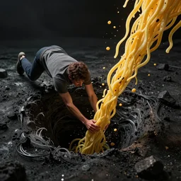 a person getting sucked into a blackhole and appear on the other side of the blackhole as spaghetti, digital art, 8 k, very detailed