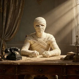An extremely detailed render of a mummy sitting at a Louis XIV desk, with very old curtains in the room. The desk has a 1880 phone on it. Dusty air, god rays, raytracing shadows, ambient occlusion, 8K, RTX 3090, trending on artstation, lumens