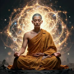 meditative monk high detailed figure showing through fractal portal expressive energy swirls and bright glowing aura, deep neutral facial expression body figure, iconic album detailed poster art style by Andres Rios and Greg Rutkowski