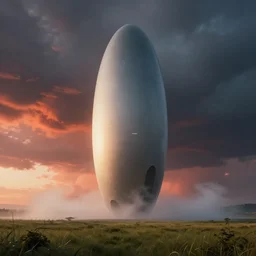professional cinematic photograph concept render of a single massive beautiful neo - futuristic matte symmetrical elongated oval monolith by ilm, denis villeneuve, emmanuel shiu, zaha hadid, mist vapor, deep color, architectural scale, grassland, dramatic storm sunset, hyperrealism, very high detail, volumetric, trending on artstation, cgsociety, rendered in octane