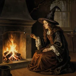 beautiful old witch next to the hearth, face lit up by firelight, Dutch masters portrait, historical painting