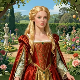 a royal portrait of a very beautiful elven woman with long blond hair and green eyes, wearing a tudor style dress, royal garden landscape, epic fantasy, vibrant colors, ambient lighting, 4k illustration, concept art, tony sart, lois van baarle, ilya kuvshinov, rossdraws, artstation