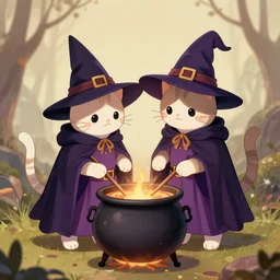 a drawing of two cats dressed as witches standing over a cauldron, a storybook illustration by natasha tan, pixiv contest winner, furry art, official art, wiccan, sharp focus, smooth, detailed, cute, adorable, trending on artstation