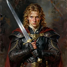 drawing painting portrait of a noble young man with a sword in style of game art lord of the rings banner saga ashes of gods frank miller alex ross trending noir vibrant