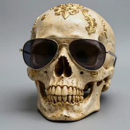 a award winning stunning photograph of a skull with ornate carvings and gold inlays wearing aviator sunglasses