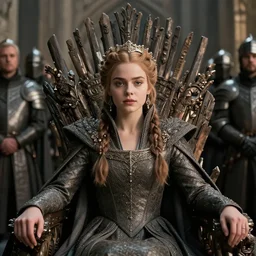 hyperrealistic semi - close up photo made by professional photograph of a beautiful nerdy girl on the throne from game of thrones like a queen in her castle surrounded by many servants, knights and guards, intricate details, photoshop edited, instagram filter, improved lighting, cinematic shot, vfx, movie, netflix, hdr