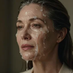 a cinematic film still of a gorgeous mature woman, with a whitish, sticky liquid that has a jelly - like texture that is dripping off of her face. viscous, her face is coated in a whitish, sticky liquid that has a jelly - like texture. 2 0 2 2