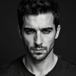 black and white close - up shot, studio photograph of a male symmetrical handsome andrea belluci the painter artist, casual clothes, anxiety and depression, intricate, elegant, highly detailed, hyper realistic, dark background, flickr, smooth, 4 k, 3 0 0 dpi, sharp focus, shot by canon