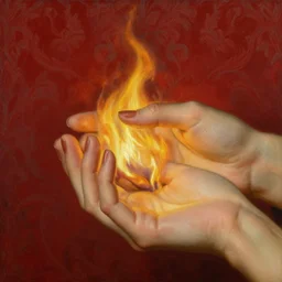 by 1 9 th century famous painter, hands, nail polish, flames realism, realistic, oil painting, red wallpaper background