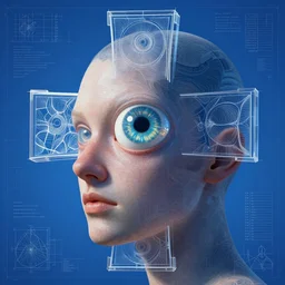 portrait of cross shaped head with single centered giant orb eye, in the style of Greg Broadmore and Arthur Rackham,trending on artstation, light lighting side view,digital art,surrealism ,macro,blueprint ,vaporwave ,
