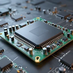 mechatronic ic, microscopic shot, wide angle, integrated circuit boards, capacitors, octane render, 3 d modeling, blender, 8 k, 4 k, hyper realistic