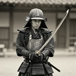 old photo of a samurai inspecting his sword
