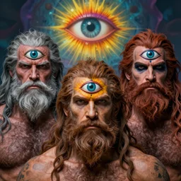 three eyed gods, third eye middle of forehead, wide wide shot, very hairy bodies, vivid colors, eye in forehead, beautiful lighting, detailed photograph