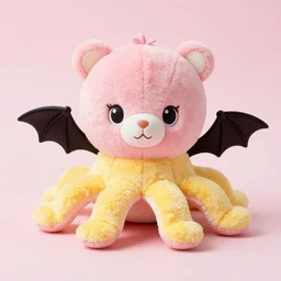 cute eight legged octopus doll, with bat wing arms, by the sanrio company, real, in collaboration with the build a bear company, kawaii, pink, yellow