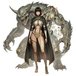 portrait girl full body ethnical cyborg with a cape and monster behind her by gaston bussiere, anna nikonova aka newmilky, greg rutkowski, yoji shinkawa, yoshitaka amano, tsutomu niehi, moebius, donato giancola, geoffroy thoorens, concept art, trending on artstation, featured on pixiv,
