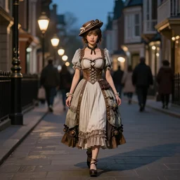 full body portrait photo of reol wearing a elegant pleated steampunk dress, open top, wearing a cute hat, waling down a crowded victorian street exterior, streetlamps, dim studio lighting, at night, ( ( photograph ) ), moody, realistic, detailed, low light, skin tinted a warm tone, light blue filter, light matching