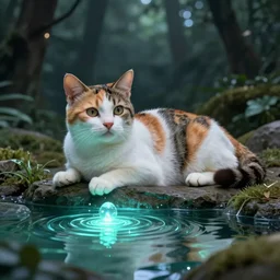 a photo of a cute calico cat lying by a glowing magical pond filled with a magical liquid, dark forest scene, octane render, hyperrealistic, ultrarealistic, 8k, artstation