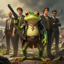 a badass frog mafia boss holding gun. nuri iyem, james gurney, james jean, greg rutkowski, anato finnstark. front view, 3 5 mm