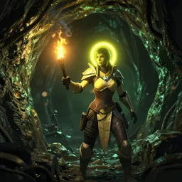 skyrim screenshot of mercy ( overwatch ) delving into a dark cave, holding a torch. dimly lit surroundings, green ghastly atmosphere, bright yellow character halo. 8 k octane render, enb, bokeh, ambient occlusion.