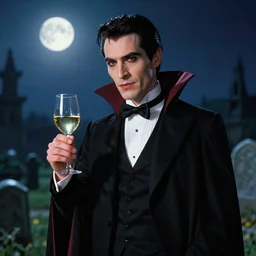 elegant dracula from space, holding a glass of wine, soft lighting, mysterious atmosphere, in a graveyard, moonlight, hyper realistic, hyper detailed, fine clothing, handsome, jc leyendecker