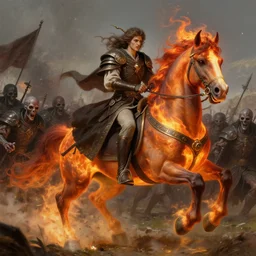 ainz ooal gown leading his undead army to battle riding a flaming horse, undead soldiers in background, battlefield, highly detailed, deep focus, elegant, artstation, digital painting, smooth, sharp focus, illustration, ultra realistic, 8 k, art by artgerm and greg rutkowski and alphonse mucha