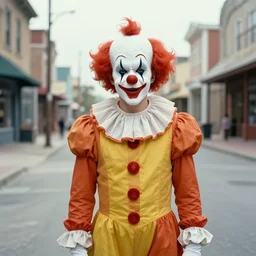 portrait in a side street of a killer clown town, photography, vintage photo, faded colors, 7 0 s, new york, photography