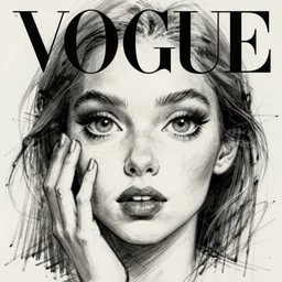 sketch, vogue, beautiful woman, she surprised, big beautiful eyes, surreal, in style of jean - michel basquiat, trending on artstation